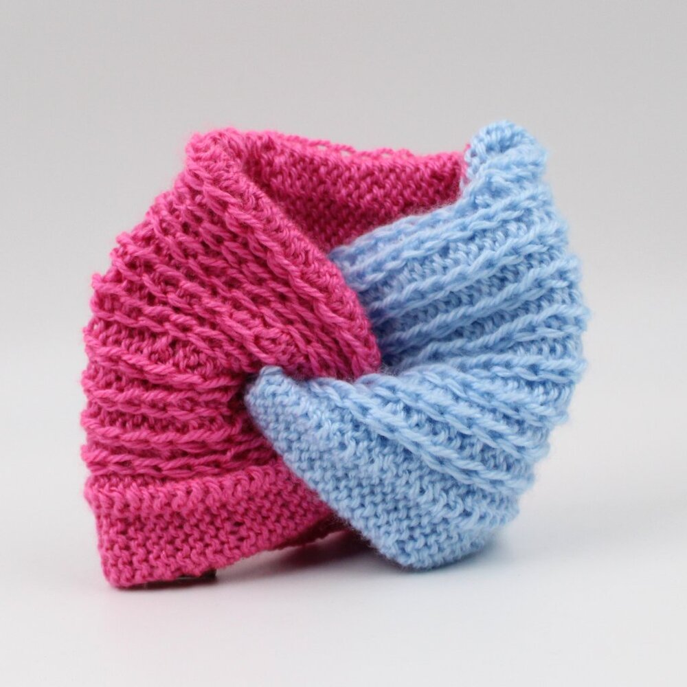 Handmade Hand Knit Acrylic Blue & Pink Raindrops Ribbed Knit Ear Warmer for Kids